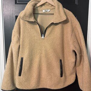 Double Zero Womens Fleece Sweatshirt Faux Leather Trim Tan Black Large